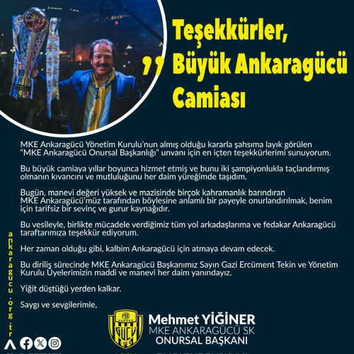 'Onursal Başkan' ünvanı verilen Mehmet Yiğiner'den teşekkür açıklaması