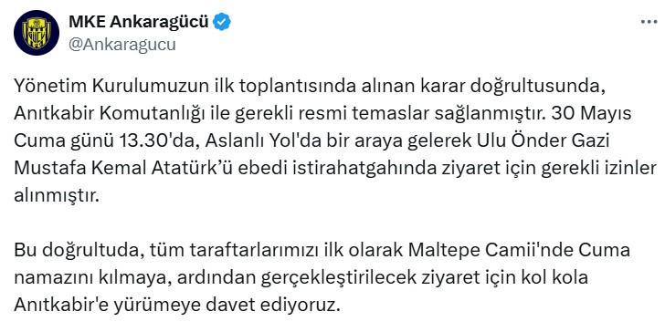 Ankaragücü'nün yeni yönetimi taraftarla beraber Anıtkabir'i ziyaret edecek
