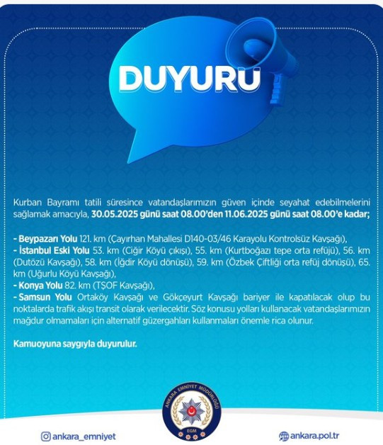 Ankara Emniyet Müdürlüğü'nden kurban bayramı için trafik düzenlemeleri