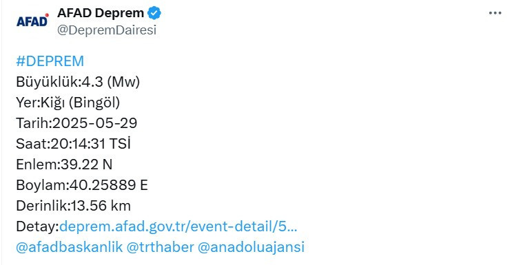 AFAD Bingöl Kiğı'da deprem olduğunu duyurdu