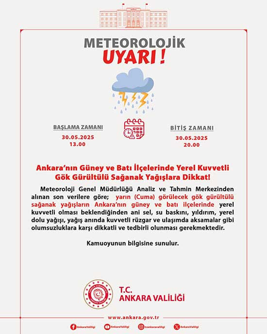 Ankara Valiliği'nden 30 Mayıs için kuvvetli yağış ve sel uyarısı