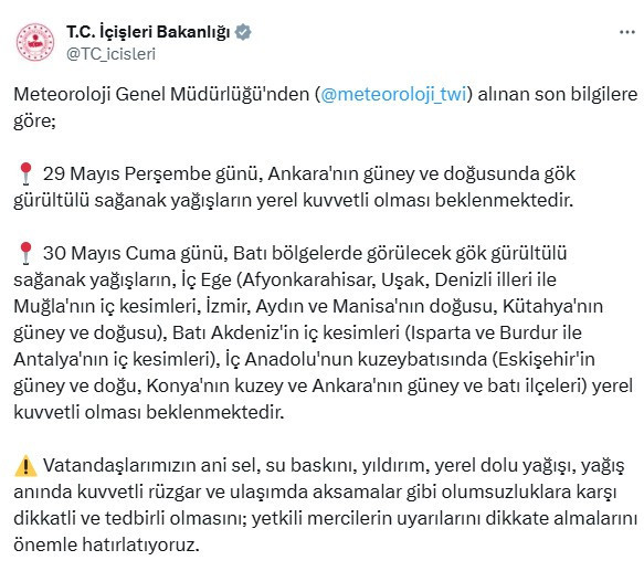 İçişleri Bakanlığı'ndan Ankara'ya sel ve kuvvetli yağış uyarısı! Saat verildi şiddetli geliyor