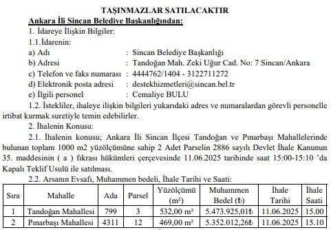 Sincan Belediyesi arsa satış ihalesi düzenleyeceğini duyurdu!