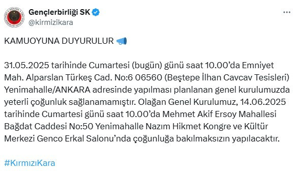 Gençlerbirliği’nin Olağan Genel Kurulu yeterli çoğunluk sağlanamadığı için ertelendi