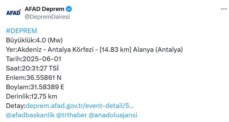 AFAD son dakika 1 Haziran Antalya depremi açıklaması