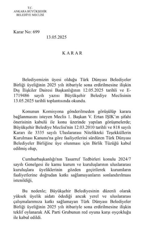 ABB'nin Türk Dünyası Belediyeler Birliği'nden çekildiği iddia edildi