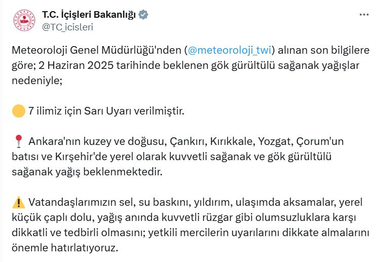 İçişleri Bakanlığı'ndan Ankara'ya sarı kodlu sel ve su baskını uyarısı!