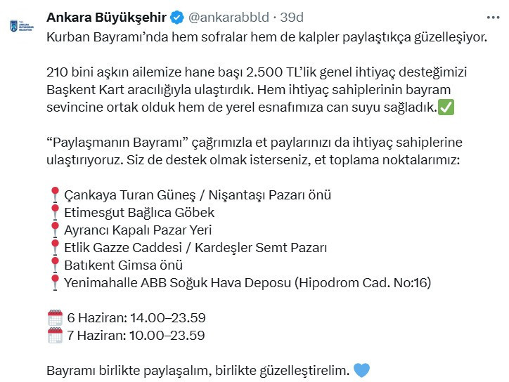 ABB Paylaşmanın Bayramı çağrısıyla et toplama merkezlerini açıkladı