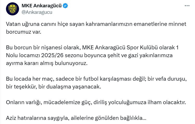 MKE Ankaragücü 1 nolu locayı şehit ve gazi ailelerine ayırdı