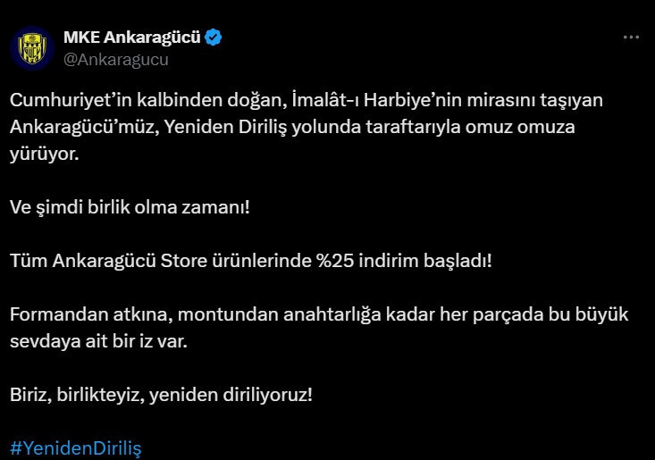 Ankaragücü 'Yeniden Diriliş' kampanyası kapsamında Store ürünlerinde indirime gitti