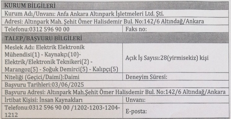 Başvurular sadece gün içinde alınacak: Anfa Ankara 28 işçi alıyor