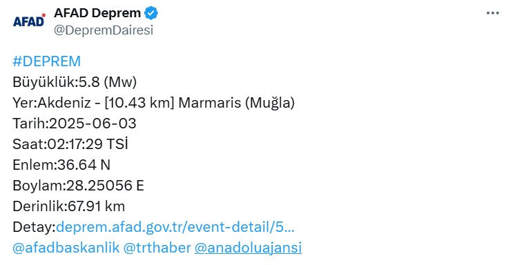 Muğla'da Marmaris açıklarında 5,8 büyüklüğünde deprem oldu