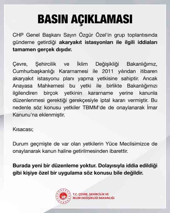 Özgür Özel'in akaryakıt istasyonları iddiasına Çevre Bakanlığı yanıt verdi
