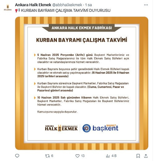 ABB Halk Ekmek büfeleri ve Başkent Marketler bayram boyunca kapalı olacak