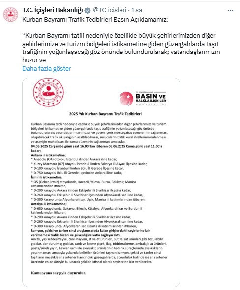 İçişleri Bakanlığı Kurban Bayramı trafik tedbirlerini açıkladı