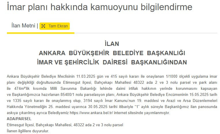 Ankara Büyükşehir Belediyesi'nden Etimesgut'ta imar planı değişikliği