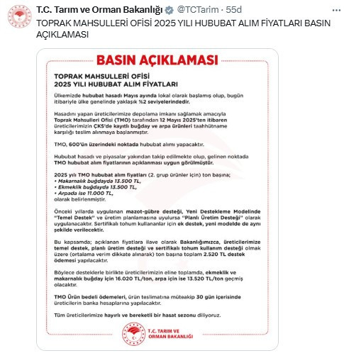 TMO hububat alım fiyatlarını açıkladı