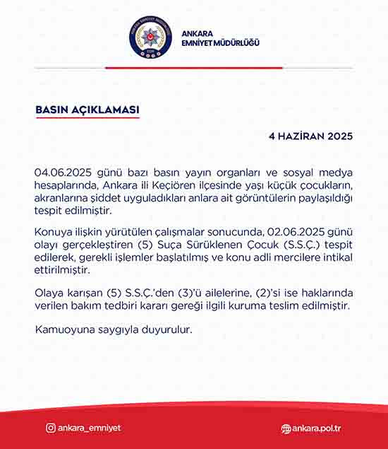 Keçiören'de akran zorbalığı olayında 5 çocuk hakkında işlem yapıldı
