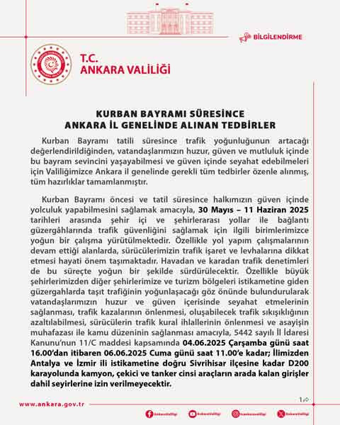 Ankara Valiliği, il genelinde Kurban Bayramı tedbirlerini açıkladı!