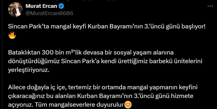 Sincan Belediyesi Sincan Park'ta mangal yakmanın serbest olacağını açıkladı