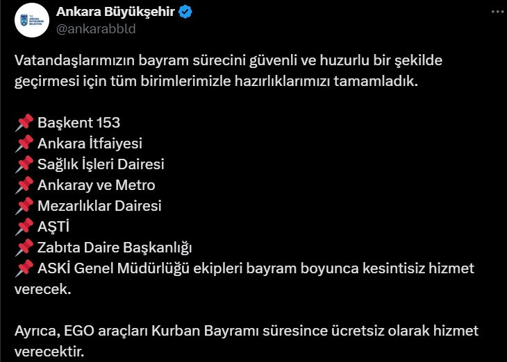 Ankara Büyükşehir Belediyesi tüm birimleriyle bayram hazırlıklarını tamamladı