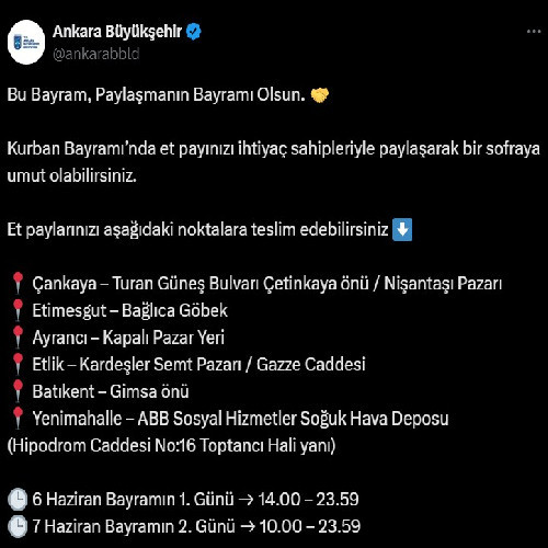 Ankara Büyükşehir Belediyesi ihtiyaç sahipleri için kurban etini bu noktalardan alacak