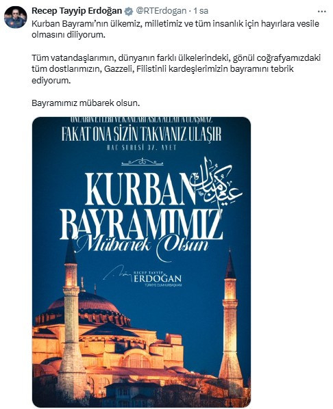 Cumhurbaşkanı Erdoğan'ın Kurban Bayramı için tebrik mesajı yayımladı