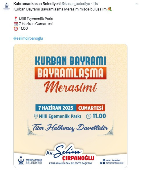 Kahramankazan Belediyesi'nden Kurban Bayramı bayramlaşma merasimi daveti