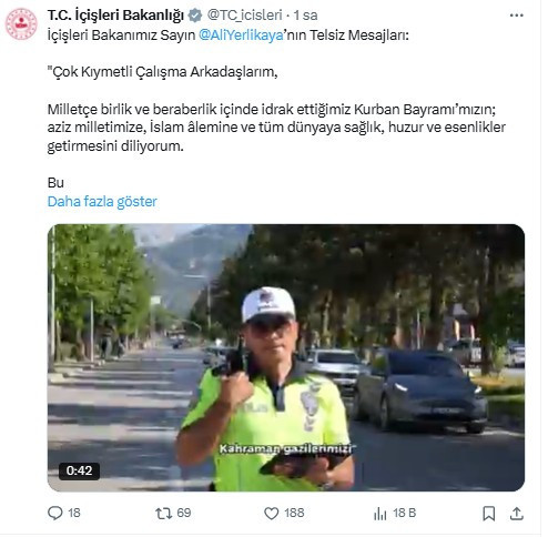 Bakan Yerlikaya'dan görev başında olan personellere bayram tebriği