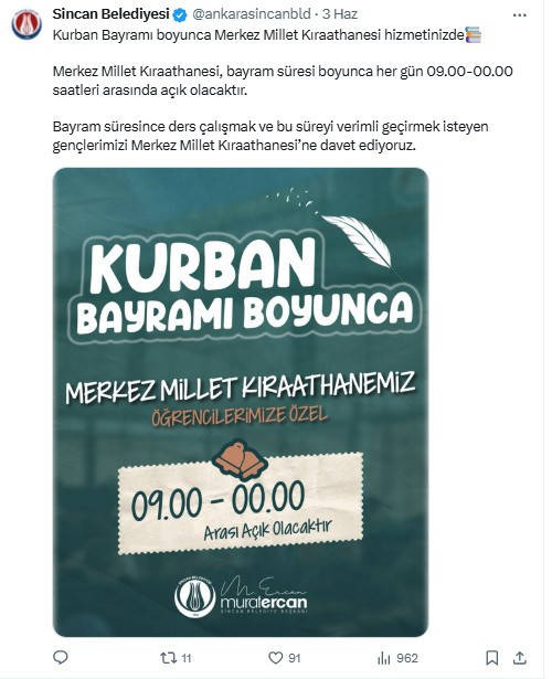 Sincan Merkez Millet Kıraathanesi Kurban Bayramı boyunca açık olacak