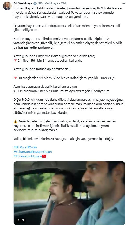 Bakan Yerlikaya: 'Arefe günü 863 trafik kazası meydana geldi'
