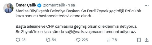 Ömer Çelik'ten Zeyrek paylaşımı: 'Geçmiş olsun dileklerimizi iletiyoruz'