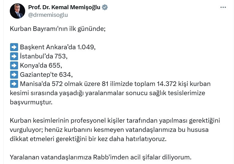 Sağlık Bakanı Kemal Memişoğlu: Ankara'da 1.049 kişi, 81 ilde 14.372 kişi kurban keserken yaralandı
