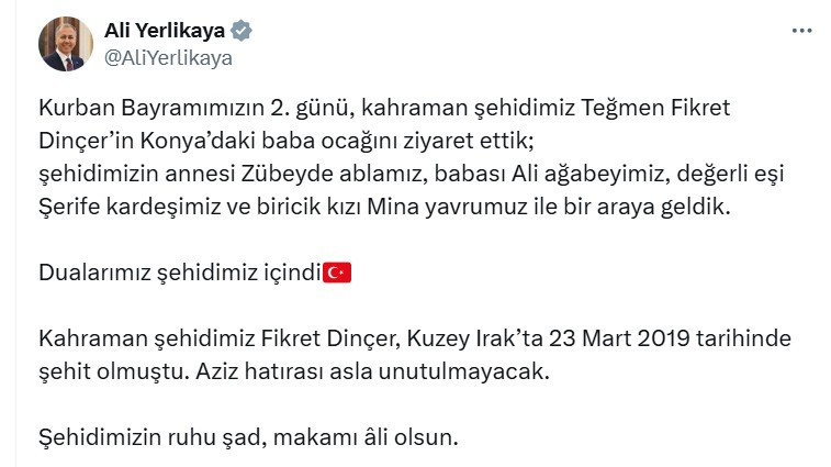 Bakan Ali Yerlikaya memleketi Konya'da şehit ailesini ziyaret etti