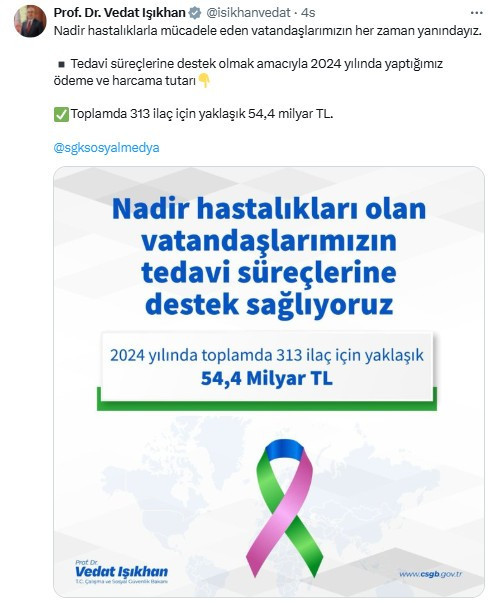 Bakan Işıkhan'dan nadir hastalıkların tedavisine ilişkin destek açıklaması