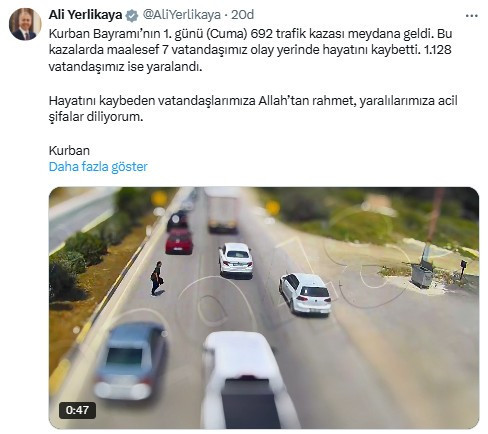 Bakan Yerlikaya acı bilançoyu paylaştı: Bayramın ilk gününde 692 kaza, 7 can kaybı