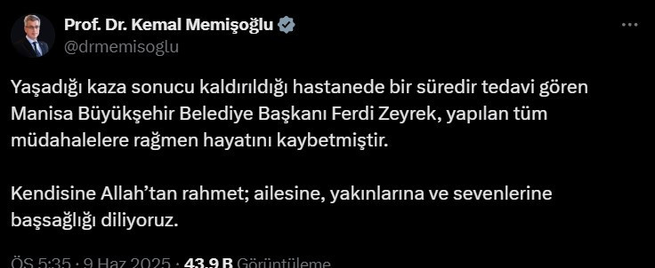 Manisa Büyükşehir Belediye Başkanı Ferdi Zeyrek hayatını kaybetti
