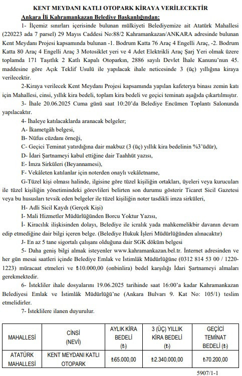 Kahramankazan Belediyesi Kent Meydanı Katlı Otoparkı kiraya verecek!