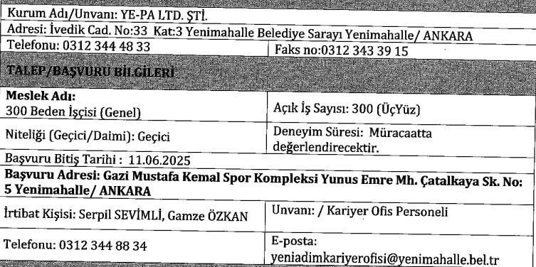 Yenimahalle'de belediye şirketine 300 işçi alımı yapılacak