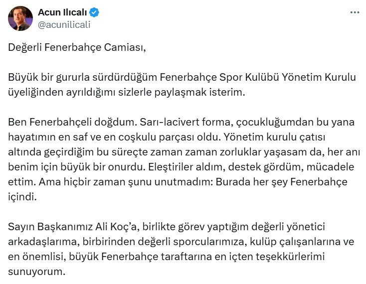 Fenerbahçe Asbaşkanı Acun Ilıcalı yönetim kurulu üyeliğinden ayrıldı