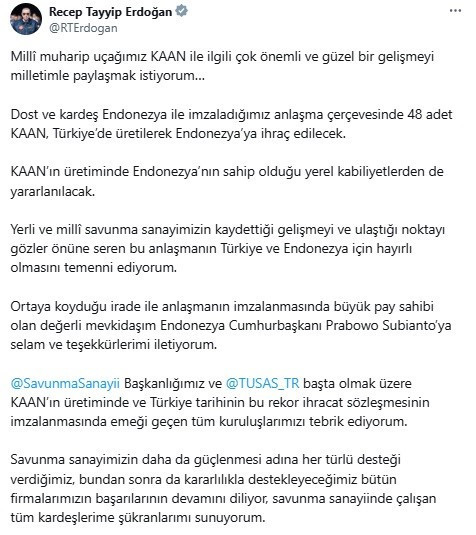 Cumhurbaşkanı açıkladı: Türkiye'den Endonezya'ya 48 KAAN'lık tarihi ihracat