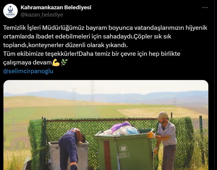 Kahramankazan Belediyesi: 'Temiz bir çevre için hep birlikte çalışmaya devam'