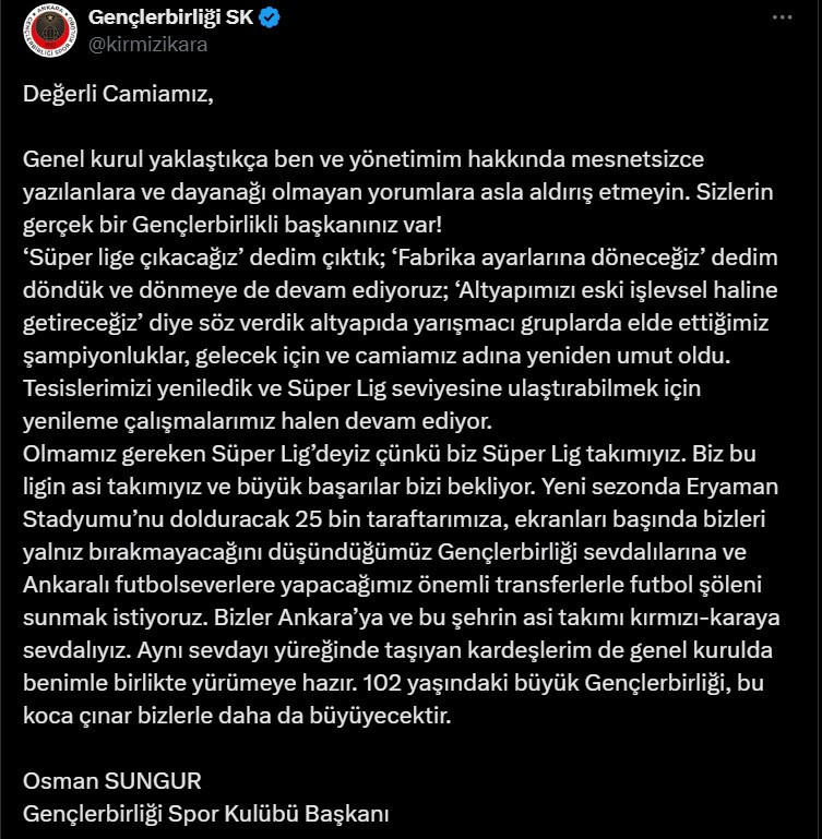 Gençlerbirliği Başkanı Sungur: Ben ve yönetimim hakkında yazılanlara aldırmayın