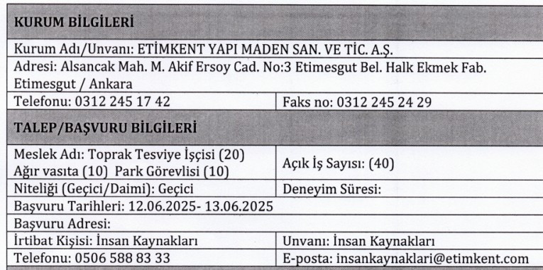 Etimesgut Belediyesi Etimkent 40 işçi alımı yapacak