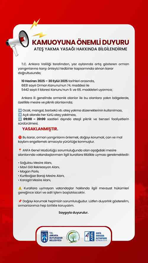 ABB denetimindeki mesire alanı ve piknik yerlerinde ateş yakma yasağı