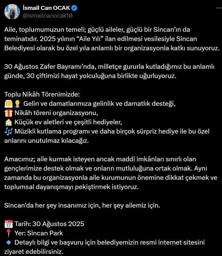 Sincan Belediyesi Genel Koordinatörü İsmail Can Ocak 30 çift evlendirme programının detaylarını açıkladı - Resim : 2