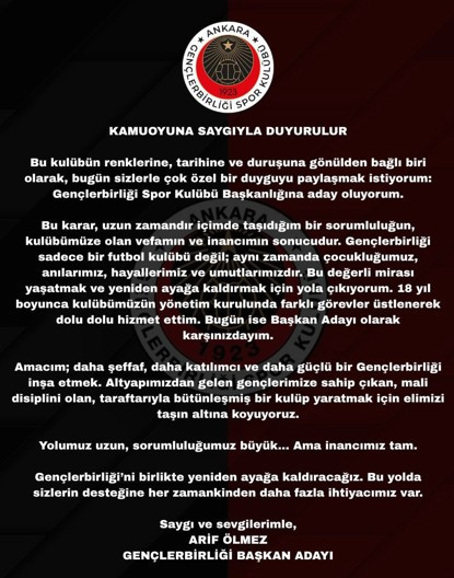 Gençlerbirliği başkanlık seçimlerine 1 gün kala Arif Ölmez adaylığını açıkladı