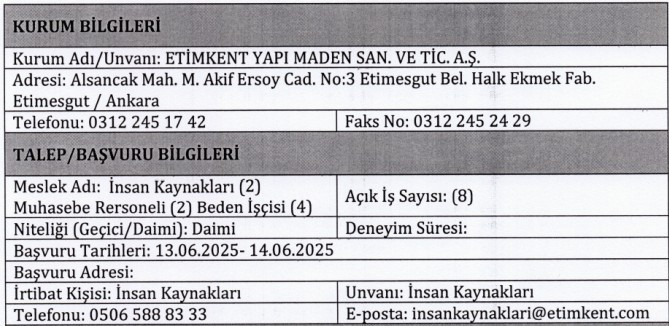 Etimesgut Belediyesi'nin şirketine 3 farklı meslekte personel alınacak