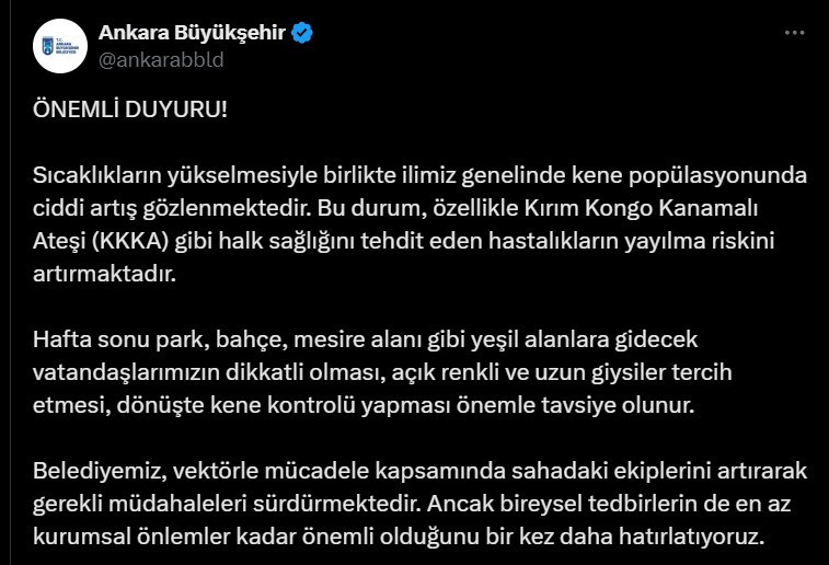 Ankara Büyükşehir Belediyesi vatandaşları kene vakalarına karşı uyardı