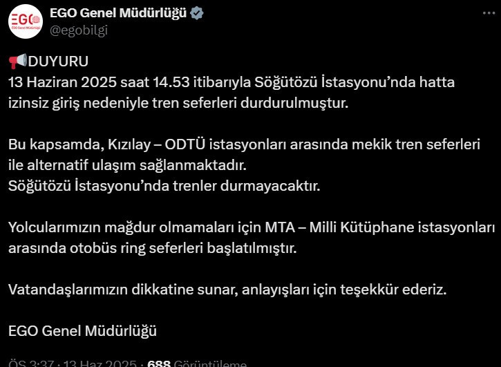 EGO açıkladı: Tren seferleri durduruldu!